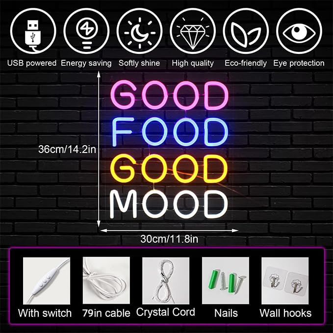Horseneon Good Food Good Mood Neon LED Sign, Food Neon Signs for Wall Decor, Good Food Good Mood Neon Light with USB Powered for Snack Shop, Restaurant, Fast Food