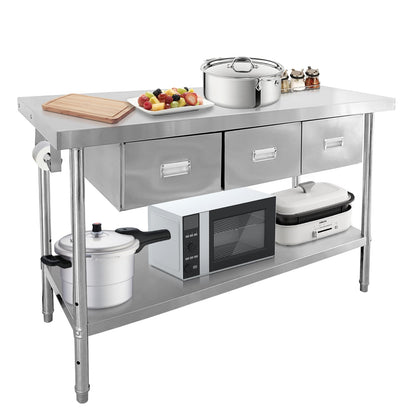 Stainless Steel Table with 3 Drawers, 60" X 24" NSF Prep Table with Adjustable Undershelf & Paper Towel Holder, Heavy-Duty Food Prep Worktable for Commercial Kitchen Restaurant Garage Warehouse