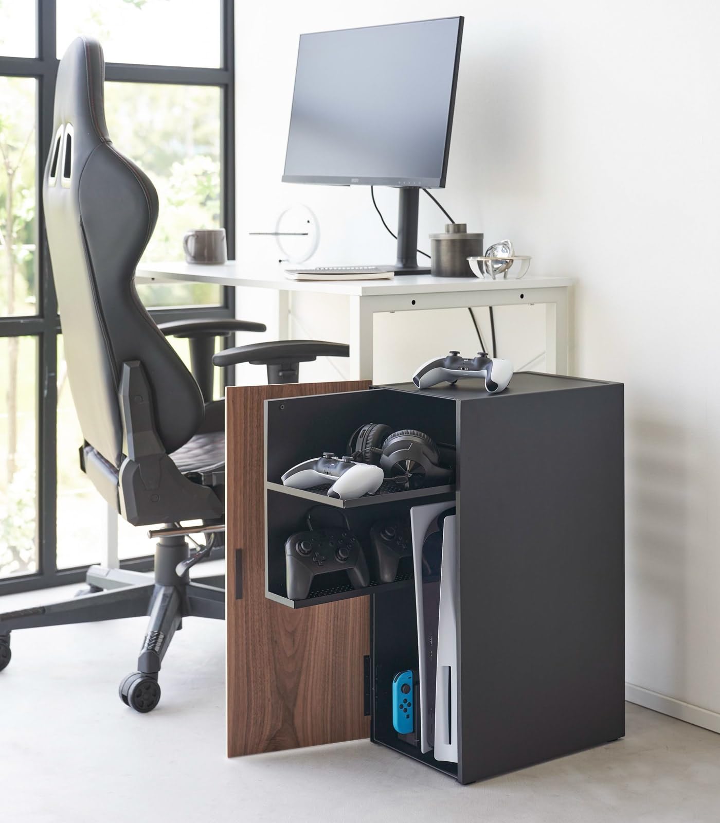 Yamazaki Home Tower Large Capacity Game Console Rack – Organize Controllers, Pull-Out Shelf, Cable Management - Steel