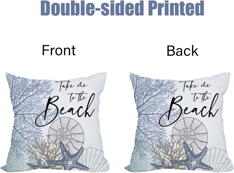 2 Pack Waterproof Take Me to The Beach Summer Pillow Covers 18x18 Inch, Blue Ocean Sea Shell Coral Conch Starfish Throw