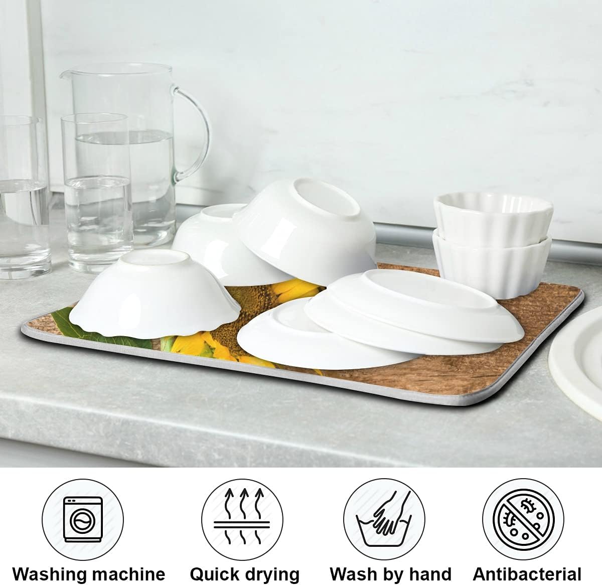 Absorbent Dish Drying Mat for Kitchen Counter, Yellow Sunflower Microfiber Reversible Drainer Mat (Medium 16 x 18 inch)