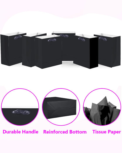 qiqee 24pcs Black Gift Bags with Tissue Paper for Wedding, Birthday, Party Supplies-7.9"x4.3"x9.6" Medium Size Cardboard Gift Bags（24pcs Bags + Tissue Paper ）
