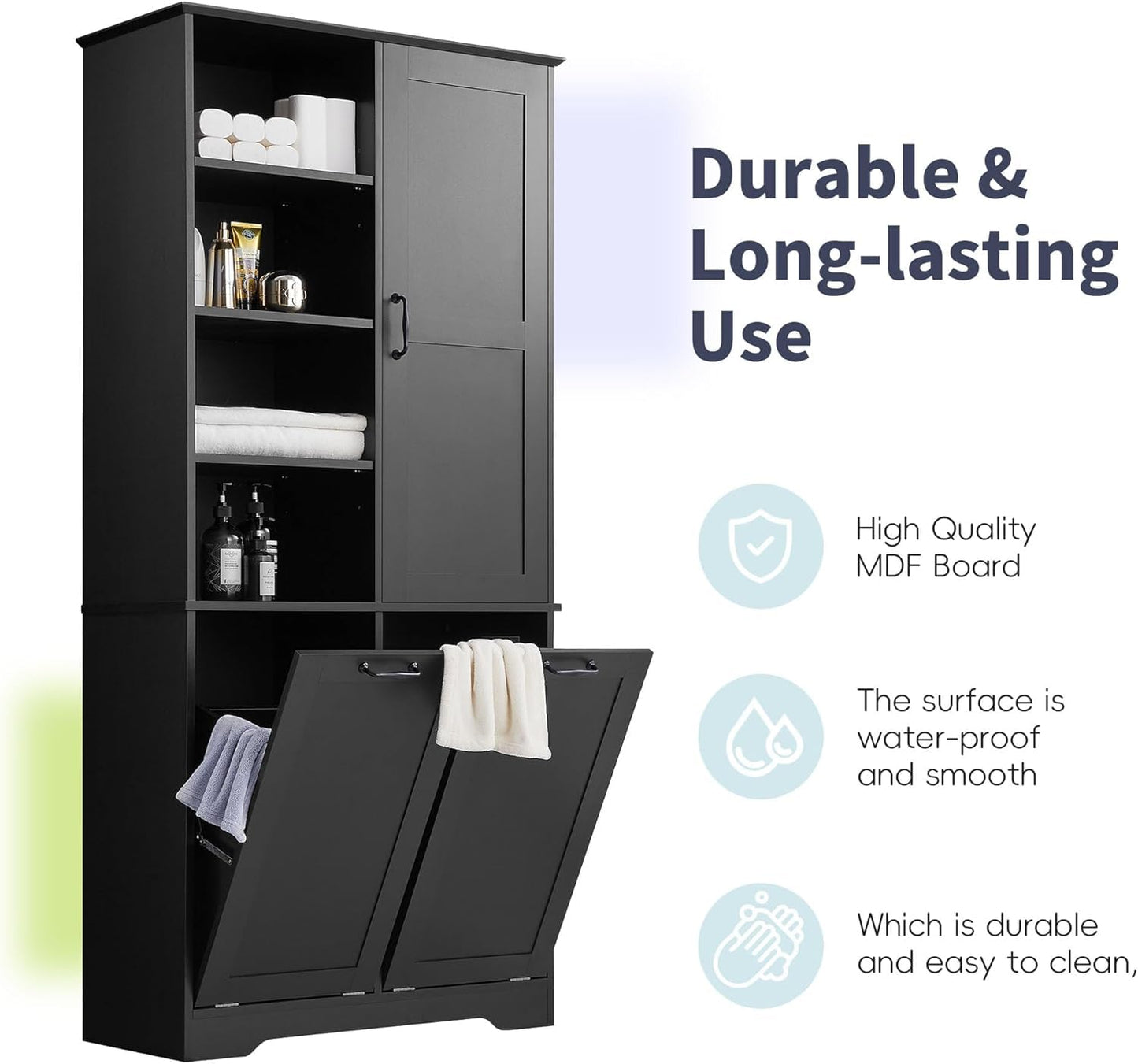 Virubi Tall Laundry Cabinet with 2 Tilt Out Laundry Hamper, Wood Bathroom Storage Cabinet with Doors and Adjustable Shelves Freestanding (Black)