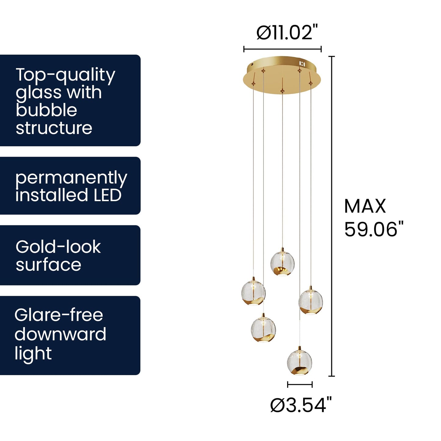 Lucande 5-Light Modern Gold Glass Globe Chandelier, Hanging Cluster Pendant Light Kitchen Island & Foyer Chandelier, Warm White 3000K, Brushed Gold Pendant Lights Cluster, Ø 11.03 in