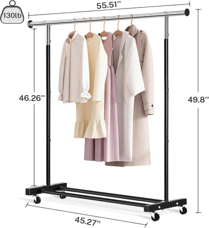 VICERII Heavy Duty Rolling Clothes Rack - 55.51 Inch Garment Rack with Wheels & Bottom Shelf | 130LB Capacity, Black