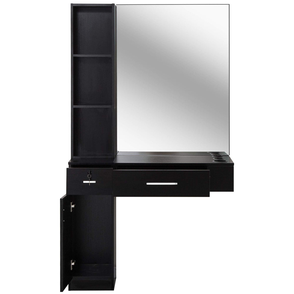 BarberPub Wall Mount Hair Styling Station with Mirror Beauty Salon Spa Equipment Set with 3 Hair Dryer Holders 3036 (Black)
