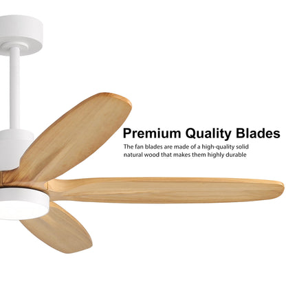 WINGBO 54" Ceiling Fan with Light - 5 Carved Solid Wood Blades, 6-Speed Reversible DC Motor, Dimmable, 3CCT, Noiseless Remote Control Ceiling Fans with Lights for Bedroom Living Room, White and Oak