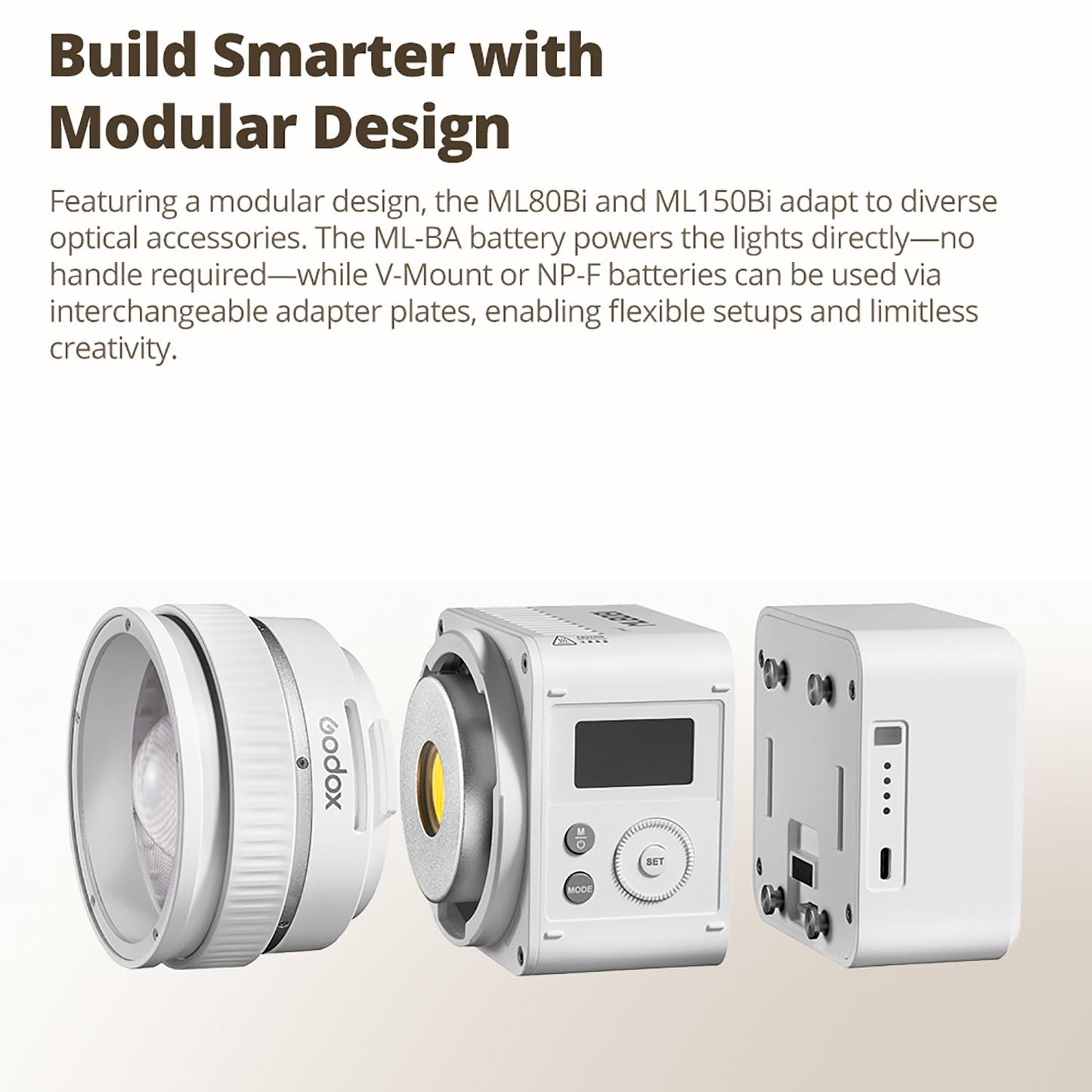 Godox ML80Bi LED Video Light Bi-Color, 100W 2800K-6500K, 29600Lux@1m CRI96+ TLCI96+, APP Control, USB-C, w/ML-Z Reflector & 95Wh Battery, 11 FX 0-100% Dimming for photography, with AD-S60S Softbox Kit