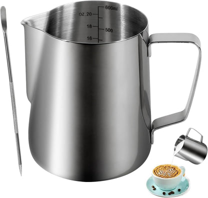 20oz 600ml Milk Frothing Pitcher, Large Capacity Stainless Steel Milk Coffee Cappuccino Latte Art Jug with Latte Art Pen