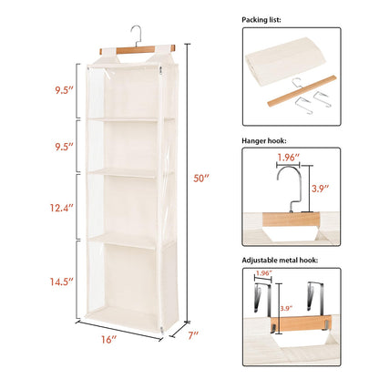 Univivi Hanging Yarn Storage Organizer with 4 Clear Compartments & Side Knitting Needles Pocket, Hanging Yarn Holder for Crochet Lovers (Beige)