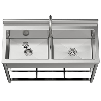 GGW 2-Compartment Commercial Sink, Stainless Steel Utility Sink with Pull-out Faucet, Free Standing Double Bowl Kitchen Sink for Restaurant, Garage, Shop, Cafe, Outoor, 21.7"D x 47.2"W x 37"H