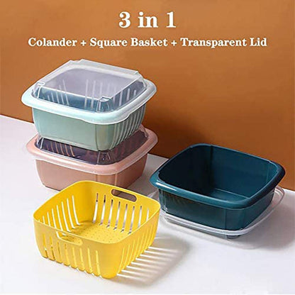 Colander Set with Strainer Bowl, Kitchen Colander with Lid Household Double Layer Fruit Washing Basket Multifunction Storage Containers for Fruits Vegetable (Blue)