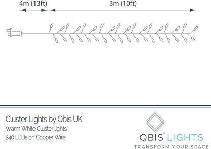 240 10ft QBIS LED Christmas Cluster Lights, Warm White Fairy Lights on Copper Wire, Plug in, Christmas Tree Lighting