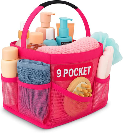 Masirs Mesh Shower Caddy Bag, Large Collapsible Portable Bathroom Organizer for Travel, Gym, & Dorm - 9 Pocket (Pink)
