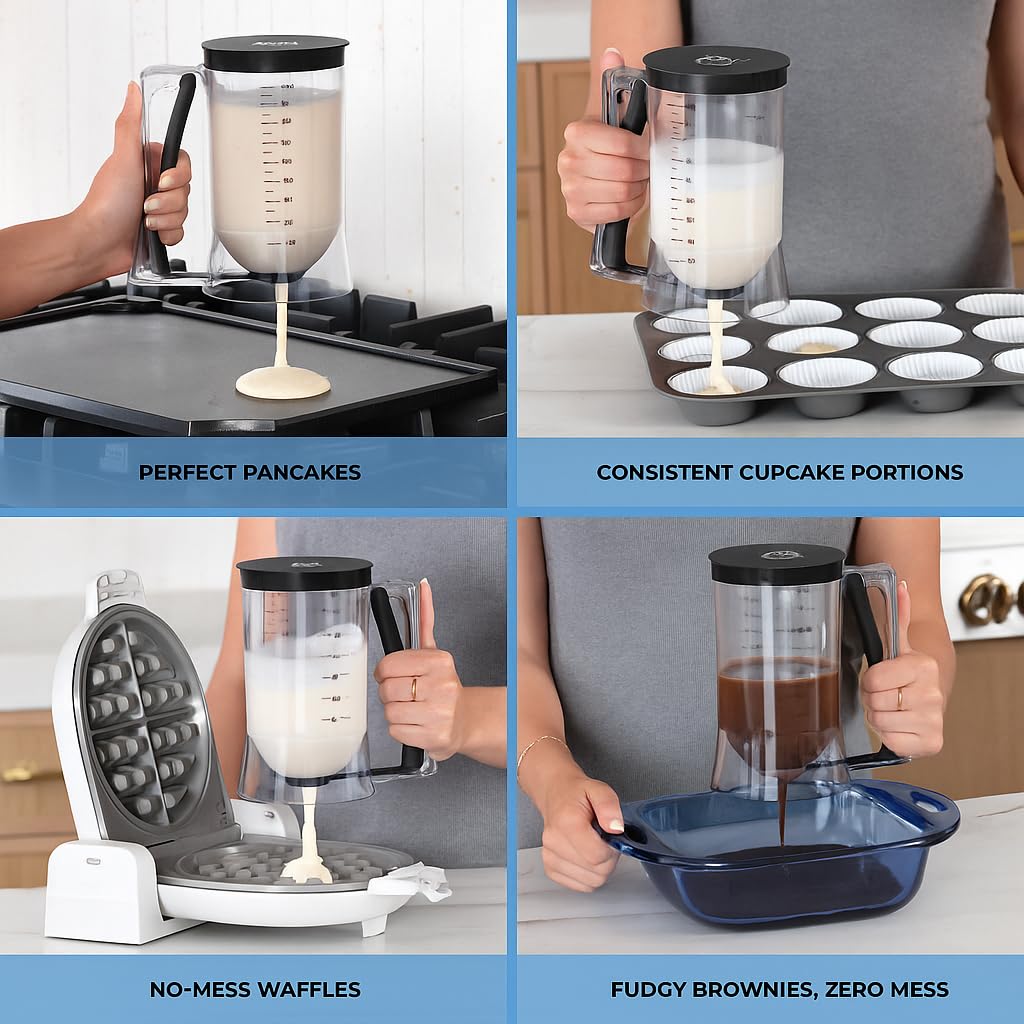 Pancake Batter Dispenser - Kitchen Must Have Tool for Perfect Pancakes, Cupcake, Waffle, Muffin Mix, Cake & Crepe - Easy Pour Baking Supplies for Griddle - Pancake Maker with Measuring Label (Black)