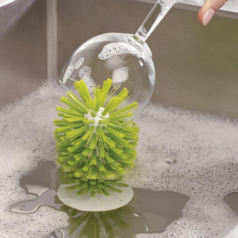 Hengkainsing Brush-Up Glass Brush with Suction Cup - Upright Stays in Sink for Kitchen Bottle Cleaning (Gray)