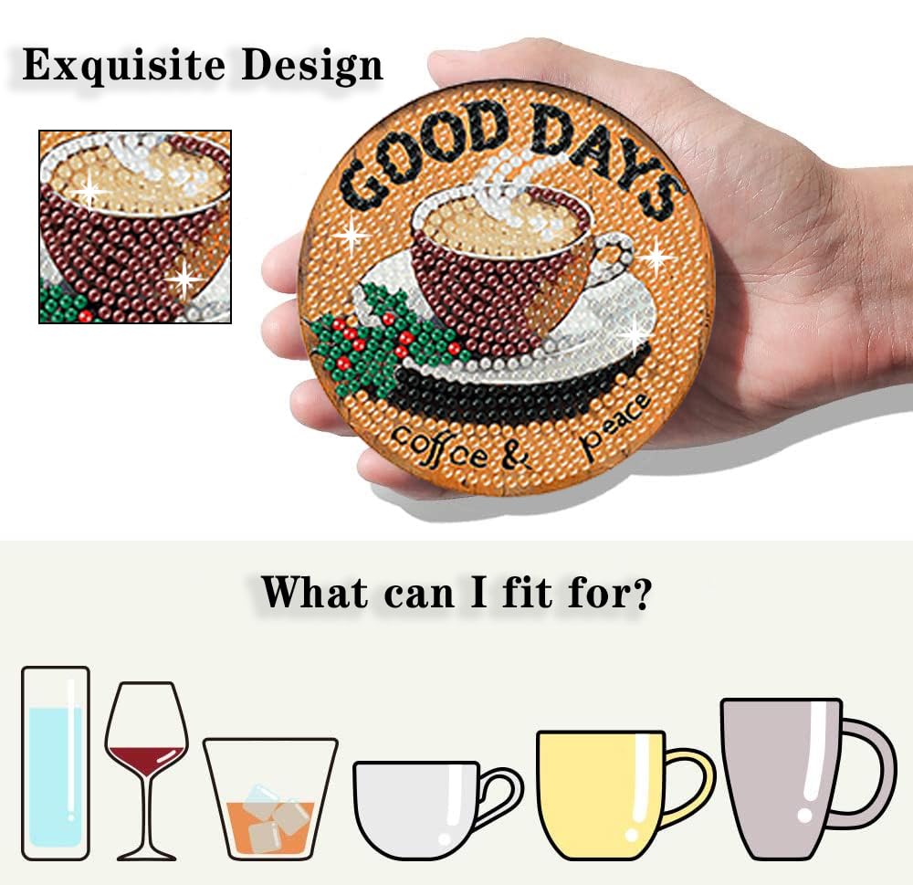 ASslanLYs 8 Pcs Diamond Paintings Coasters,Coffee Diamond Art Coasters Kits for Adults Set with Holder-DIY Craft Diamond Dots for Family Decoration Holiday Gift