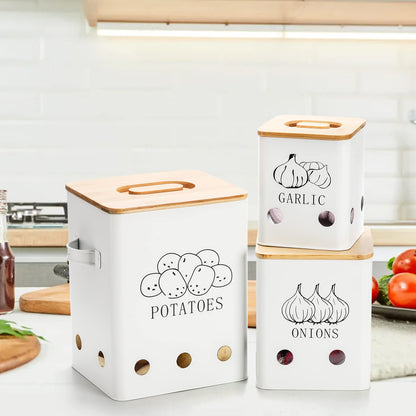 WUWEOT 3 Pack Vegetable Storage Tins, Metal Onion Garlic Potato Jars Set, Kitchen Canisters Vegetable Keeper Containers with Aerating Holes and Wooden Lid