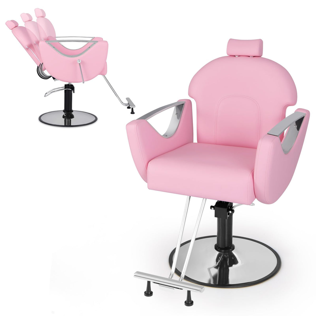 Giantex Reclining Barber Chair - Salon Chair for Hair Stylist, 360 Degrees Swivel, Adjustable Height & Headrest, Heavy Duty Hydraulic Pump, Hair Styling Chair for Makeup Facial Waxing Tattoo (Pink)
