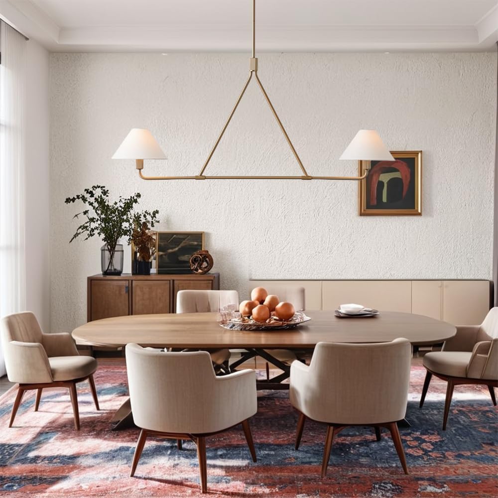 46 Inch Minimalist 2-Light Linear Pendant Light, Modern Black Fixture with Linen Shades, Industrial-Style Hanging Ceiling Light for Dining Room, Living Room, Bedroom & Kitchen Island
