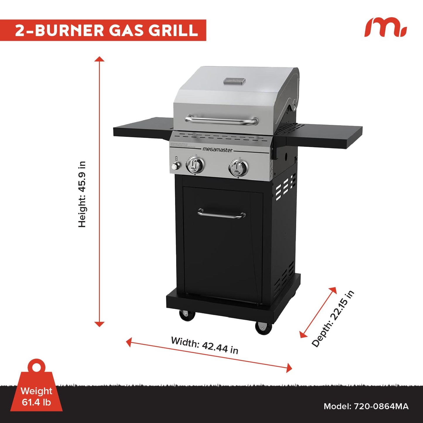 Megamaster Deluxe 2-Burner Gas Grill with Foldable Side Tables, 418 SQ In Cooking Space, 28000 BTUs, Stainless Steel Lid, Propane BBQ Grill for Outdoor Cooking, Patios, Backyards and More - 720-0864MA