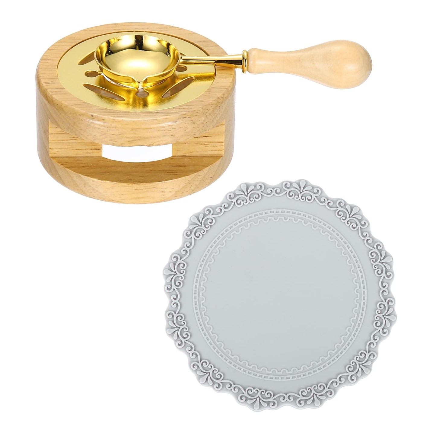 PATIKIL Wax Stamp Seal Kit, Wax Seal Kit Include Sealing Warmer, Melting Spoon, Silicone Pad, Retro Melt Stove Pot Furnace Tool for Envelope Letter Mailing Crafts DIY, Wood Color/Gray