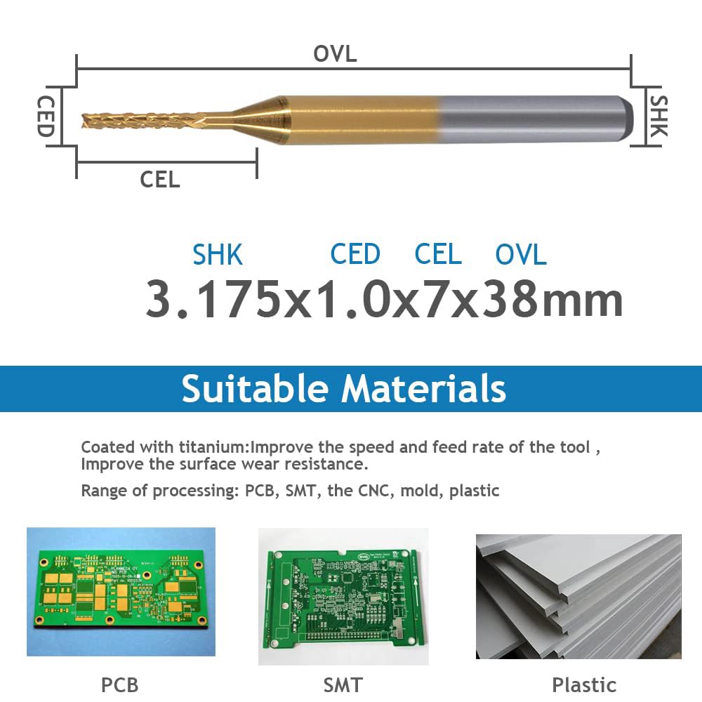 HOZLY 10Pcs 1/8'' Shank 1.0mm Titanium Coat Carbide End Mill Engraving Bits CNC Rotary Burrs Tool for PCB Mould Plastic Fiber Carbon Fiber Hardwood