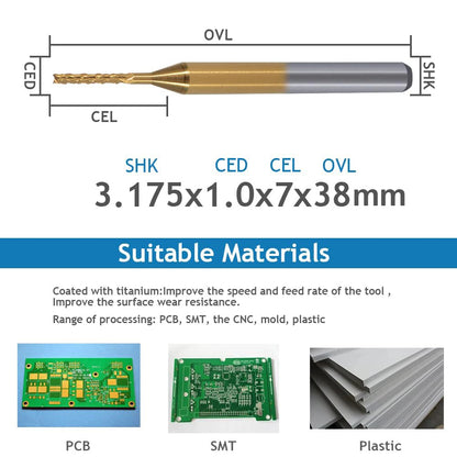 HOZLY 10Pcs 1/8'' Shank 1.0mm Titanium Coat Carbide End Mill Engraving Bits CNC Rotary Burrs Tool for PCB Mould Plastic Fiber Carbon Fiber Hardwood