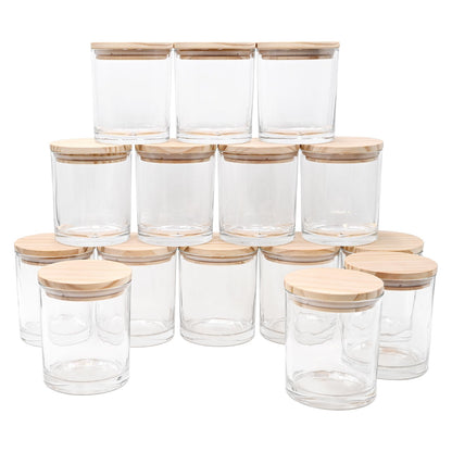 SHOWIN 10 OZ Thick Candle Jars for Making Candles 15 Pcs, Empty Jars with Wood Lids for Candle Making, Sample Container, Clear