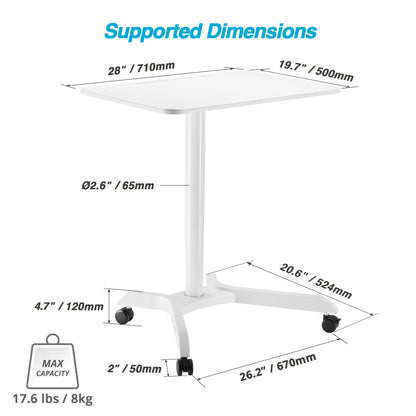 AVLT 44-inch Ambidextrous Pneumatic Laptop Standing Desk Cart (3 ft 8 in), Mobile Rolling Desk with Adjustable Height, Folding Computer & Projector Cart, White Cart with Brakes