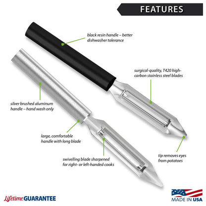 Rada Cutlery Deluxe Vegetable Peeler (R141), 2" Stainless Steel Swiveling Blade, Silver Handle
