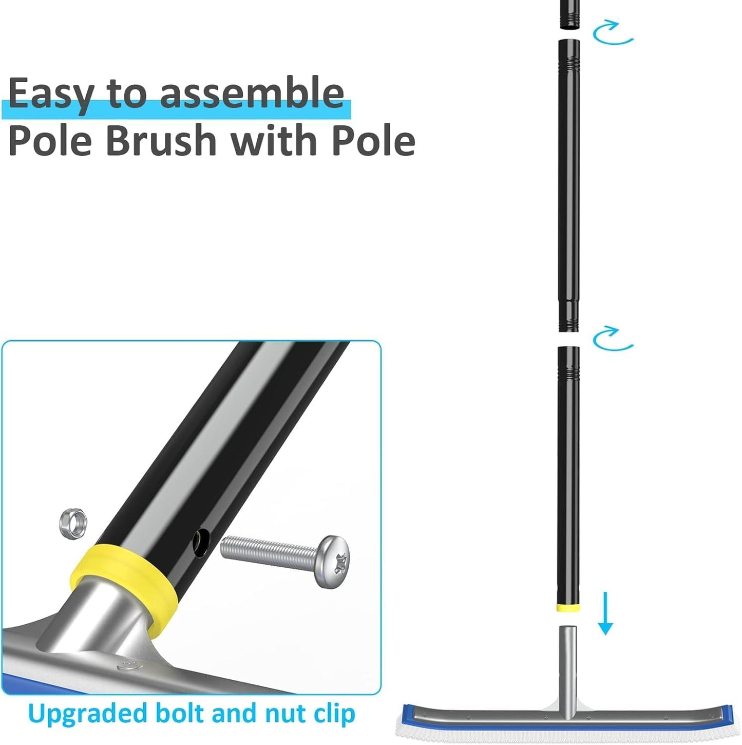 4ft 8ft 18" Swimming Pool Brush with Pole, - Pool Brush Head for Above Ground, Inground Pools, Cleaning Scrubber Tools