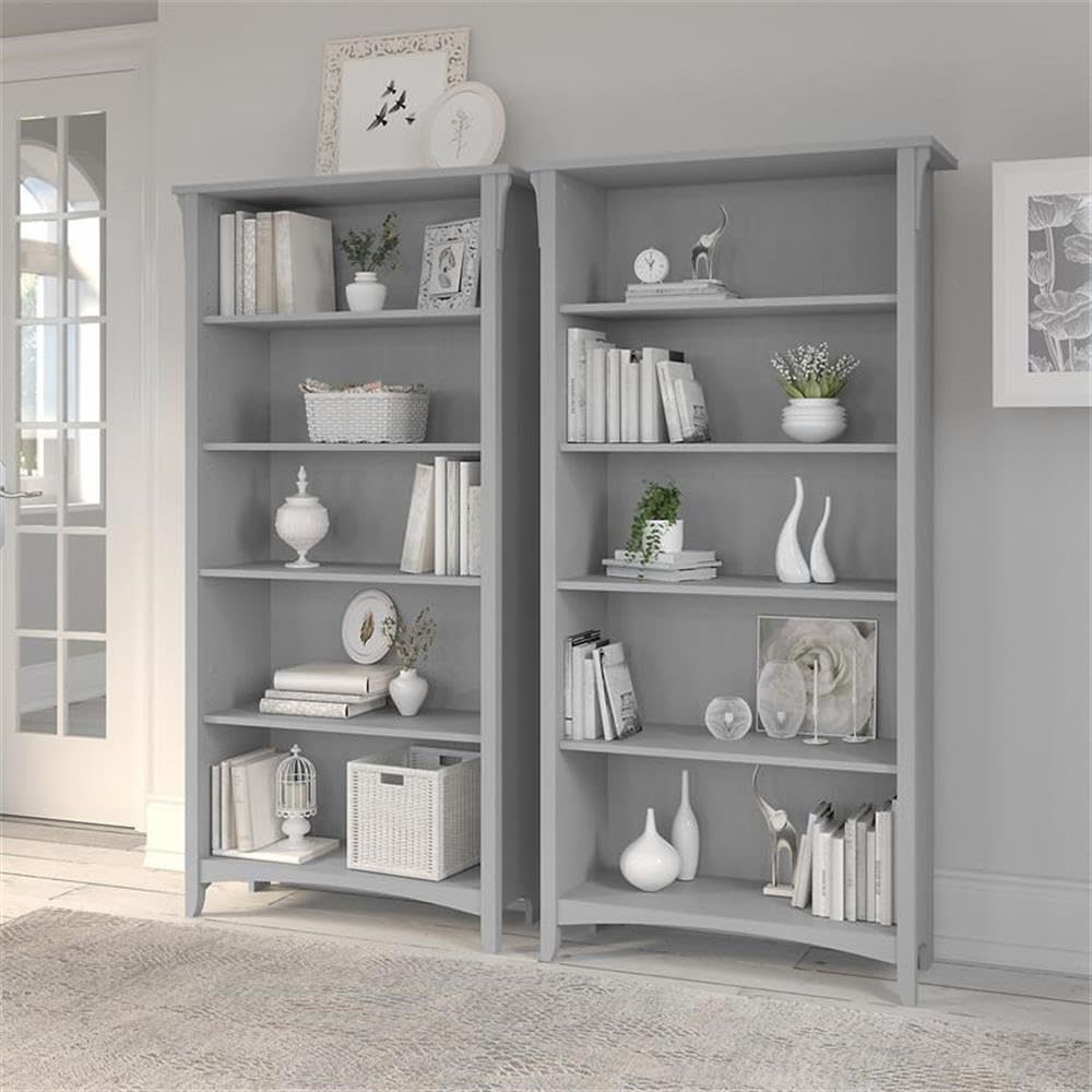 Bush Home Salinas Tall 5 Shelf Bookcase - Set of 2 in Cape Cod Gray, Vertical Office Storage, Bookshelves for Home Workspace, Multi-Purpose Shelving Units