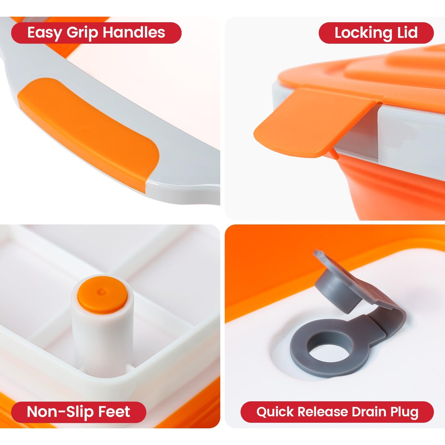 BBQ Prep Tub 3-IN-1 Large 16L Collapsible Cutting Board with Locking Lid for Meal Prep Marinating Food, Camping Sink with Colander, Dish Basin, Storage Blanket for Camping Picnic BBQ, Orange