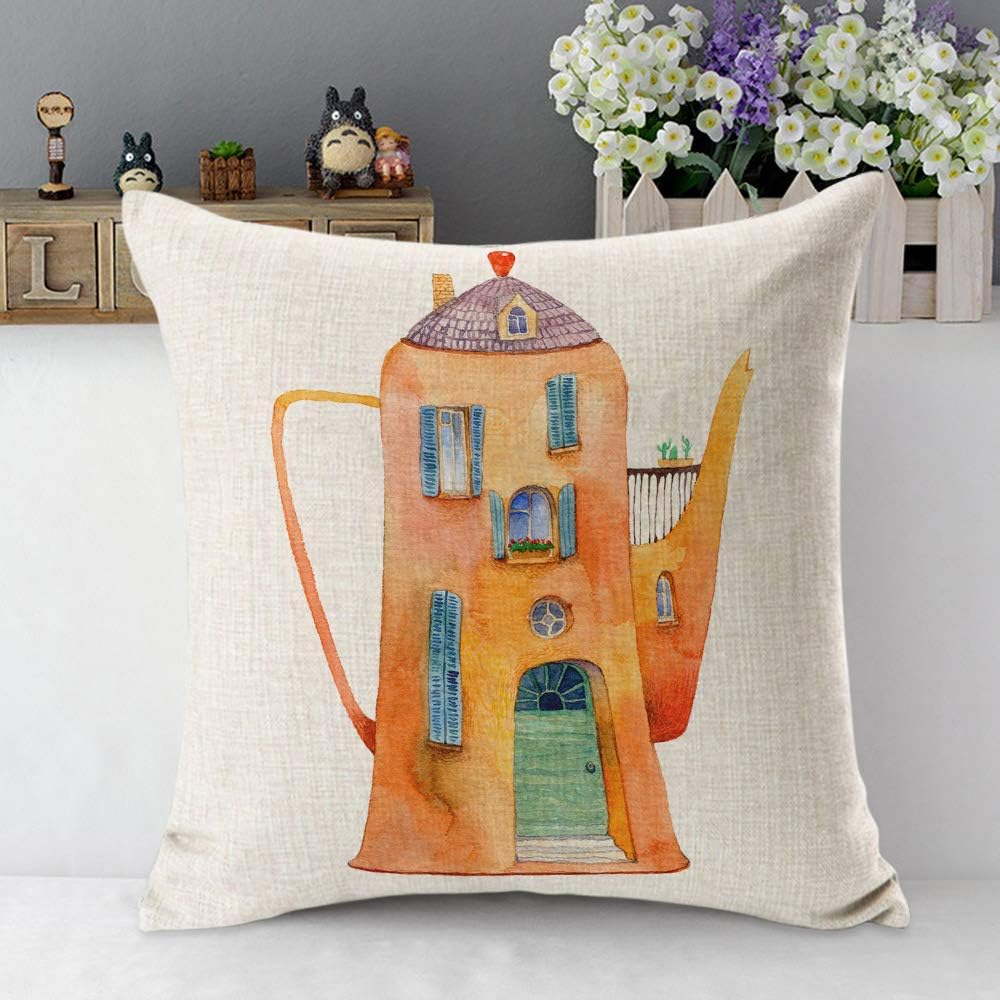 Mugod Castle Pillowcase - Vintage Kettle Teapot Wonderland 18"x 18" Square Cotton Linen Cushion Cover