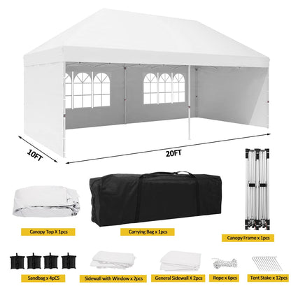 Eachbid 10' x 20' Pop Up Canopy Gazebo Commercial Tent with 4 Removable Sidewalls, Large Party Tent, Event Shelter Gazebo Canopy with 4 Sandbags, Stakes X12, for Patio Party Weddings Picnic (White)