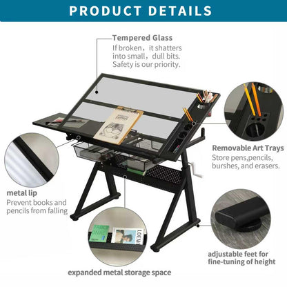 Landpink Adjustable Drawing Table for Artists | Drafting Desk with Tilted Glass Top | Art & Craft Table for Adults (Black, Smart Upgrade-29.52’’- 37.8'' H)