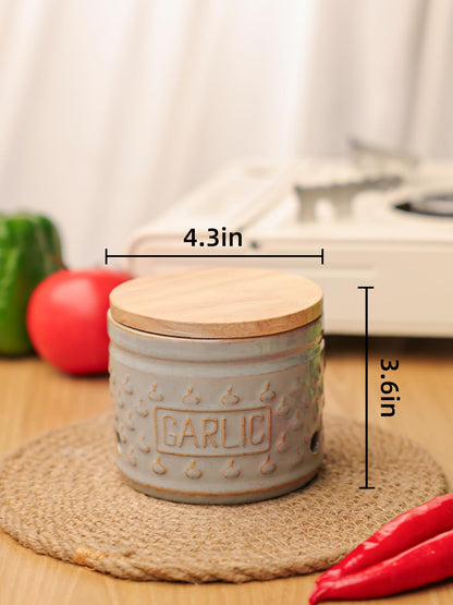 GDCZ Garlic Keeper with Lid, Ceramic Garlic Holder Storage Container to Keep Your Garlic Cloves Fresh Longer, 4.3 Inch (Grey)