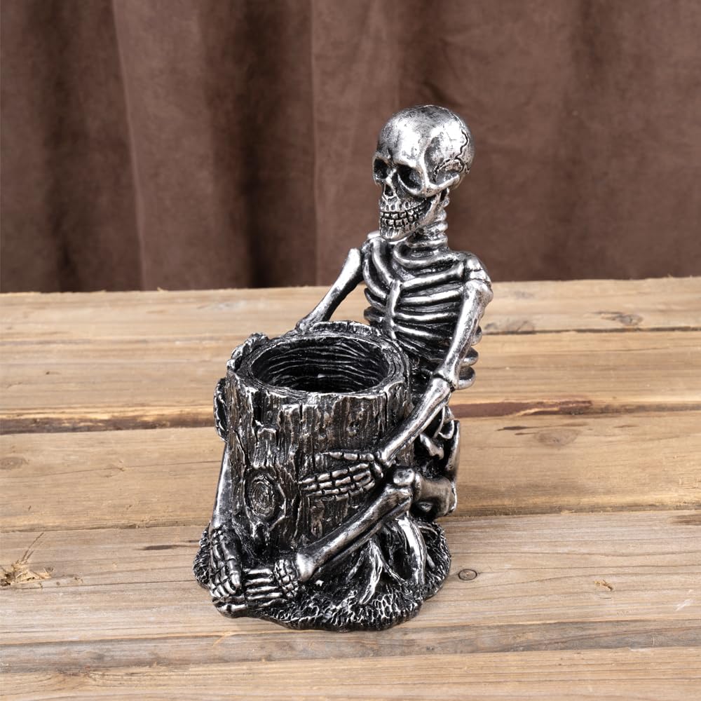Arola Skull Pen Pencil Holder Skeleton Key Holder Makeup Brush Holder Home Office Desk Supplies Organizer Accessory（Silver-Plated）