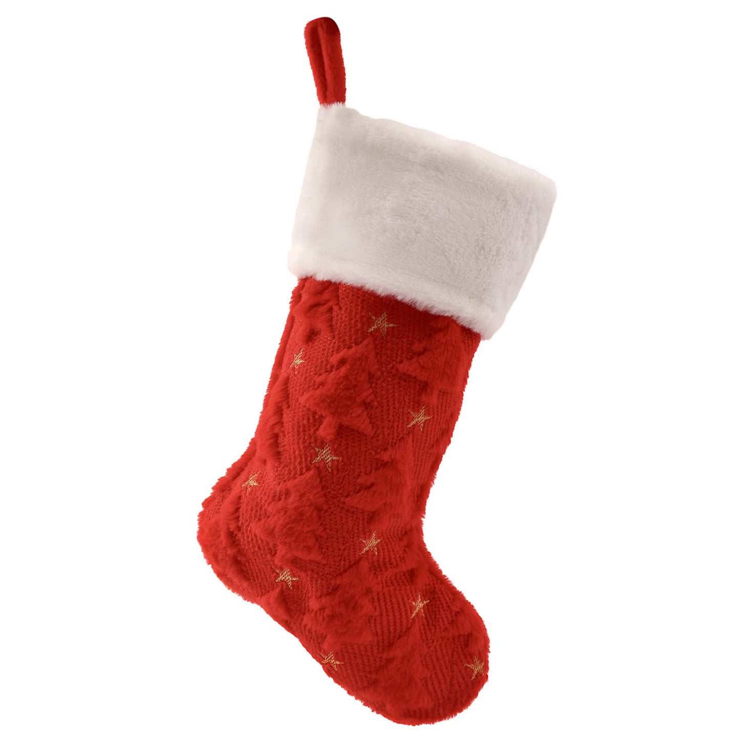 Christmas Stocking, red Sock has a Christmas Tree Shape., Plush White Cuff, 20 Inch Holiday Decor, Bone Shaped Design