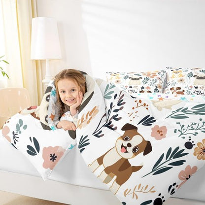 Feelyou Cute Puppy Dog Bedding Set - Kids Toddler Dog & Flowers Comforter Set - Botanical Plant Duvet & Quilt Set