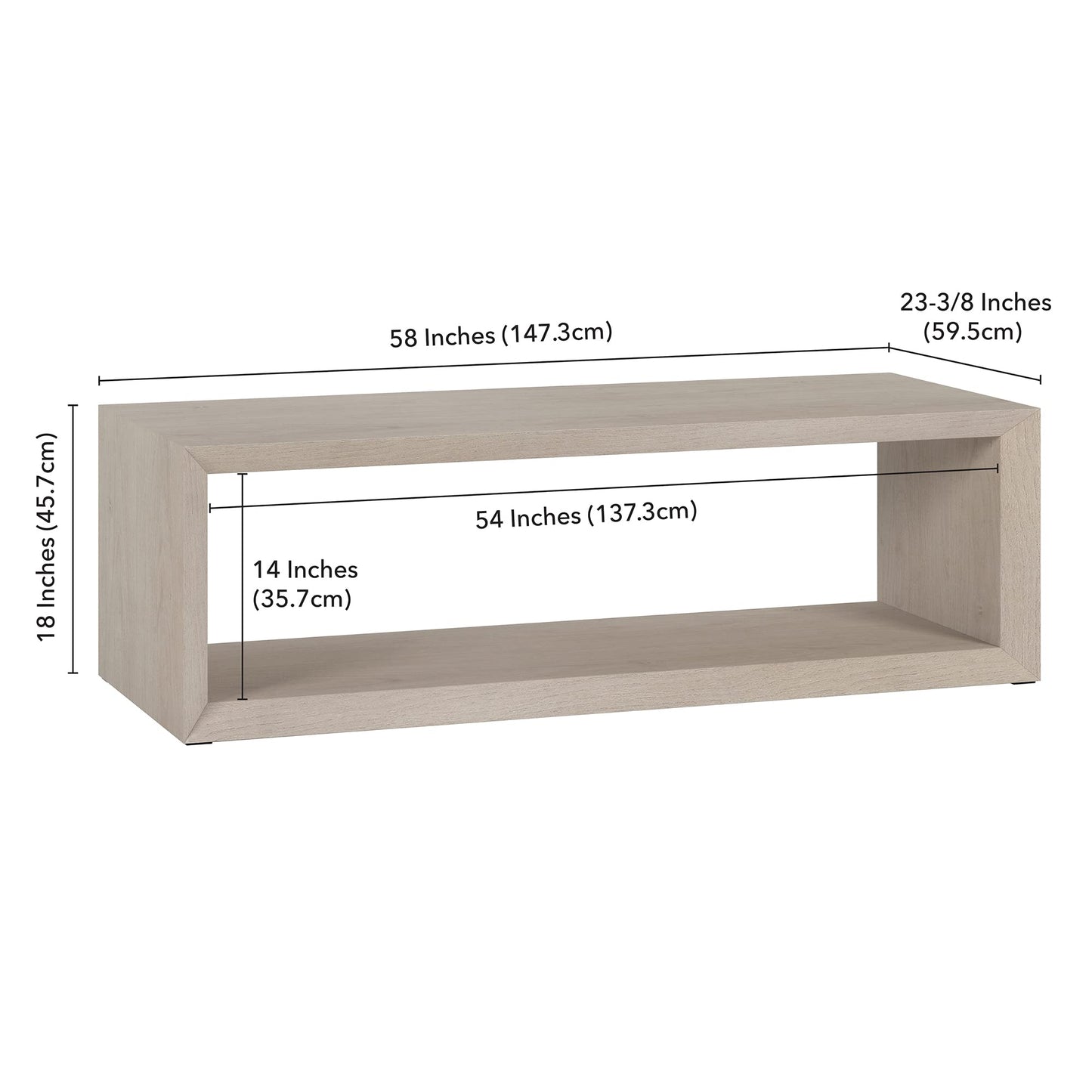 Henn&Hart 58" Rectangular Coffee Table with Open Storage Shelf for Living Room, Family Room, or Office, Beech White