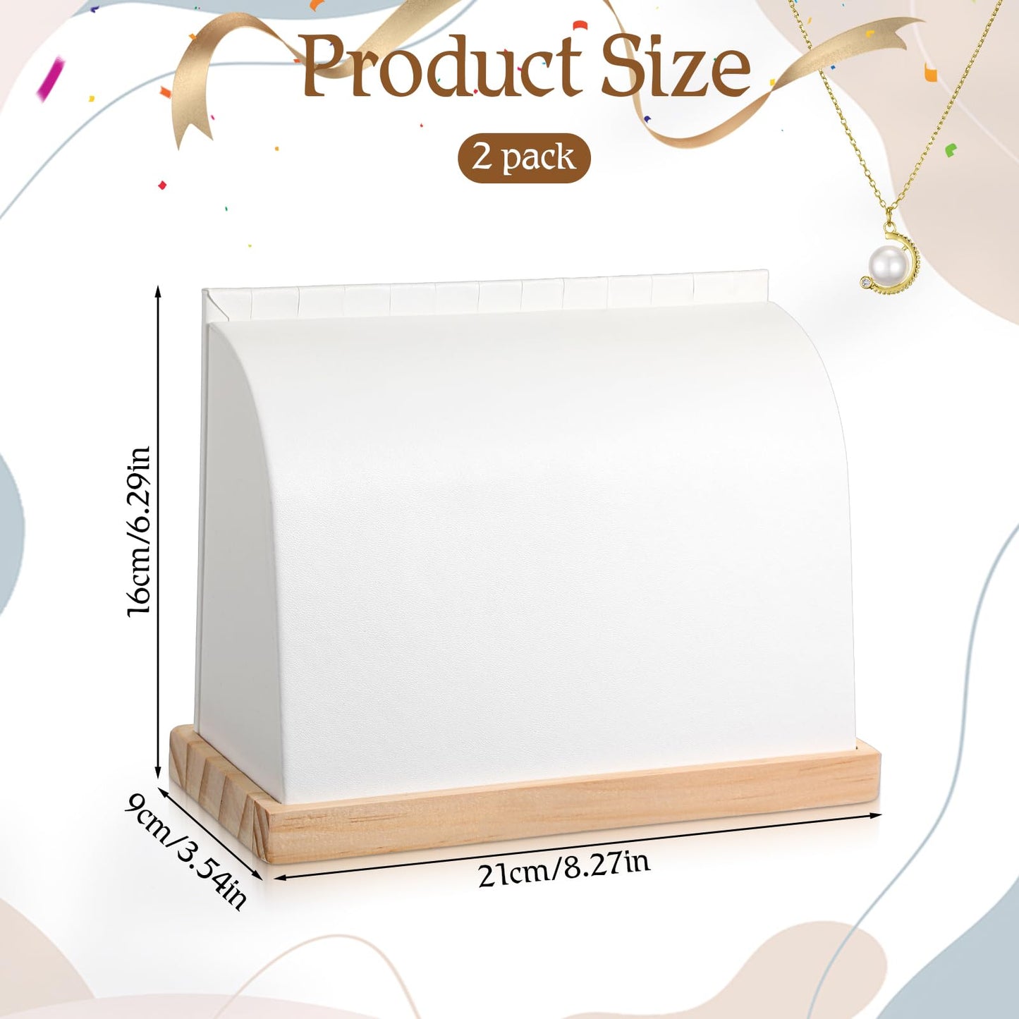 2 Pcs Cambered Wooden Necklace Display Stand with Soft PU Leather Mat, Necklace Bracelet Pendant Chokers Chains Organizer Holder, White Tabletop Jewelry Display Storage Holder for Selling Exhibition