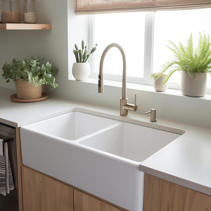 Sinkology Turner 33 Inch Fireclay Farmhouse Apron Front Double Bowl Kitchen Sink - White, Handcrafted with SureFire Chip-Resistant Glaze, Sinkology Everyday Warranty, 33 x 18 in, Fits 36" Cabinet
