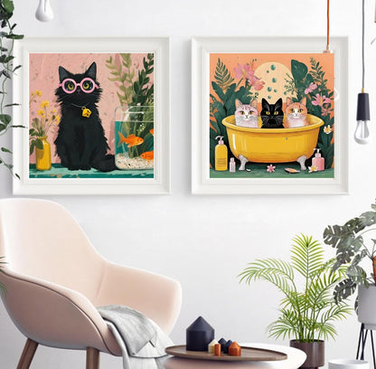 Canrichshop 4 Pack Cat Paint by Numbers for Beginner,Black Cat Adult Paint by Number Kits on Canvas Framed, DIY Number Paintings for Adults for Wall Home Decor 8X 8 inch