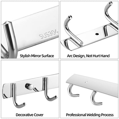 TooCust Wall Hooks for Hanging, Silver Coat Rack Wall Mount with 5 Coat Hooks 14.5", 304 Stainless Steel,Towel Hanger, Hat Hooks, Robes Hook in Bathroom, Bedroom, Kitchen, Living Room (2 Pack)
