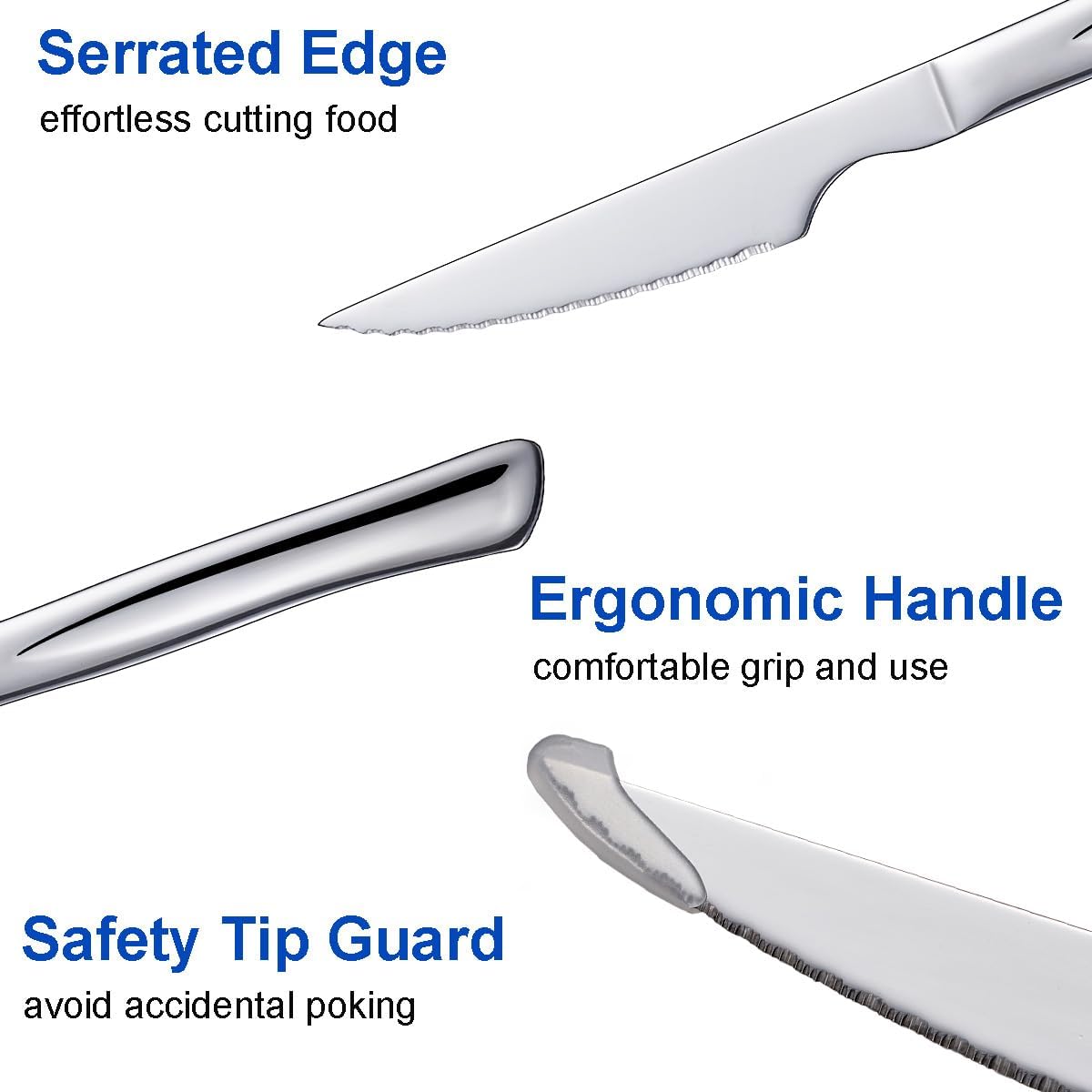 Silver Steak Knife Set, 6 Piece Stainless Steel Kitchen Utility Knives, 8.7-inch Serrated Dinner Knives
