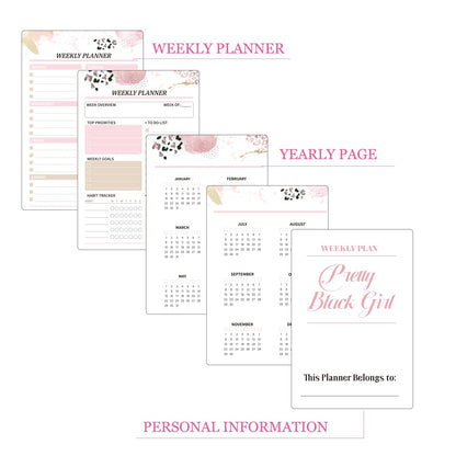 Black Girl Weekly Planner Gift Set - 52 Weeks Undated Planner with 190+ Stickers, Washi Tape, Journal Supplies & Accessories for Teen Girls - Inspirational Productivity Organization Kit, Present Box