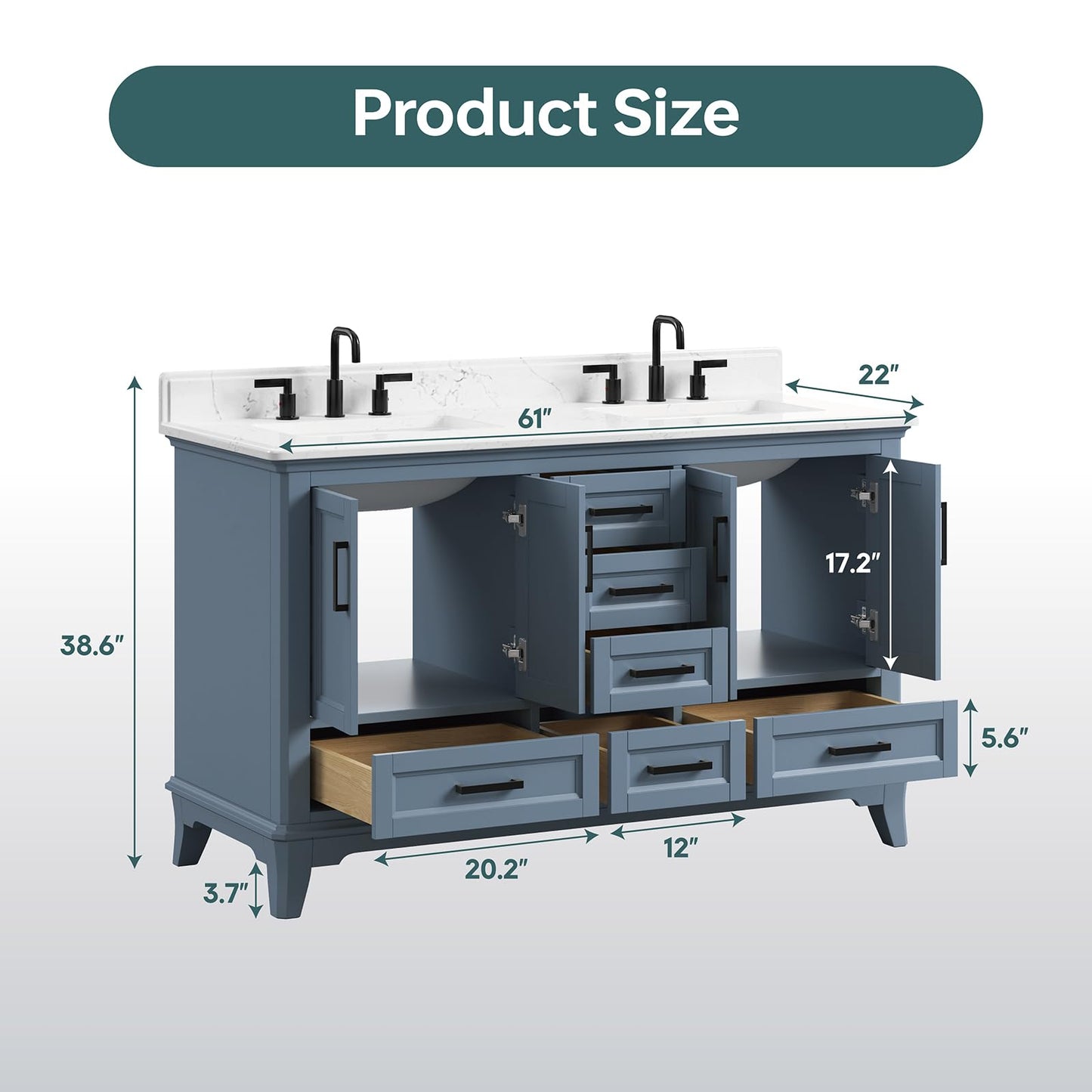 DELUXE LIVING 60 Inch Bathroom Vanity Double Sink, Fully Assembled Solid Wood Frame Double Sink Bathroom Vanity with Soft Closing Doors & Full Extension Dovetail Drawers, Quartz Top, Steel Blue