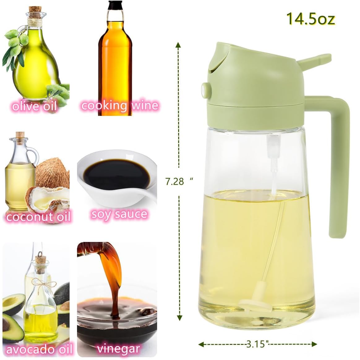 Oil Sprayer for Cooking, 2 in 1 Glass Olive Oil Dispenser 14.5oz/430ml (Green)